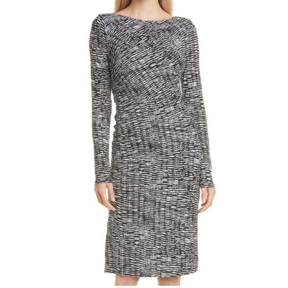 BOSS knit dress long sleeve ruched black and white print - Picture 1 of 10